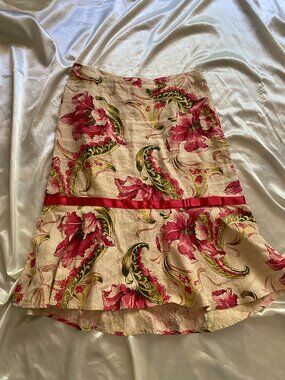 Vintage y2k 100% Linen Floral Bow Ruffle Midi Skirt Cottage Size 4 Coquette